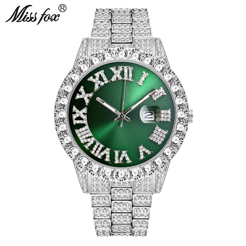 MISSFOX 2643Re Men's Watches Modern Diamond Waterproof Red Watch Men Top Brand Luxury 18k Gold Man Watch Analog Quartz Watch Men