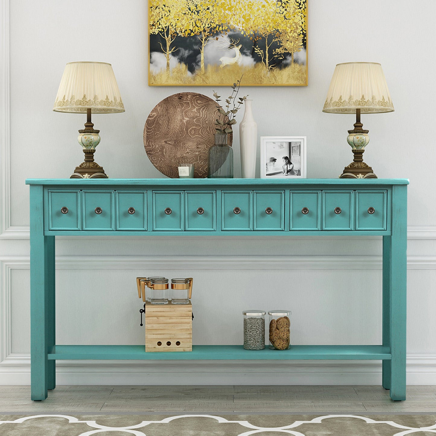 Rustic Entryway Console Table, Long Sofa Table with two Different Size Drawers and Bottom Shelf for Storage (Blue)