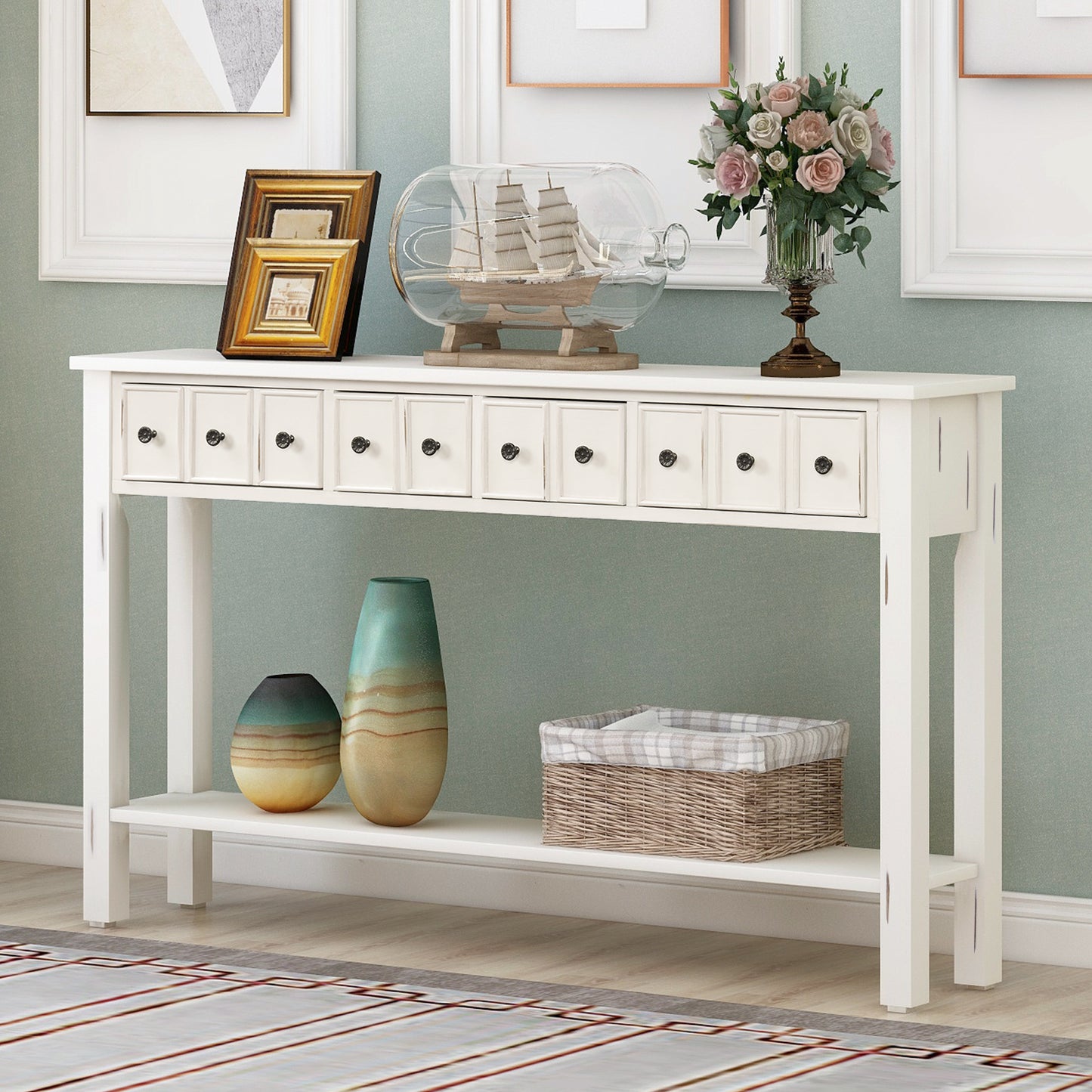 Rustic Entryway Console Table, Long with two Different Size Drawers and Bottom Shelf for Storage (Antique White)