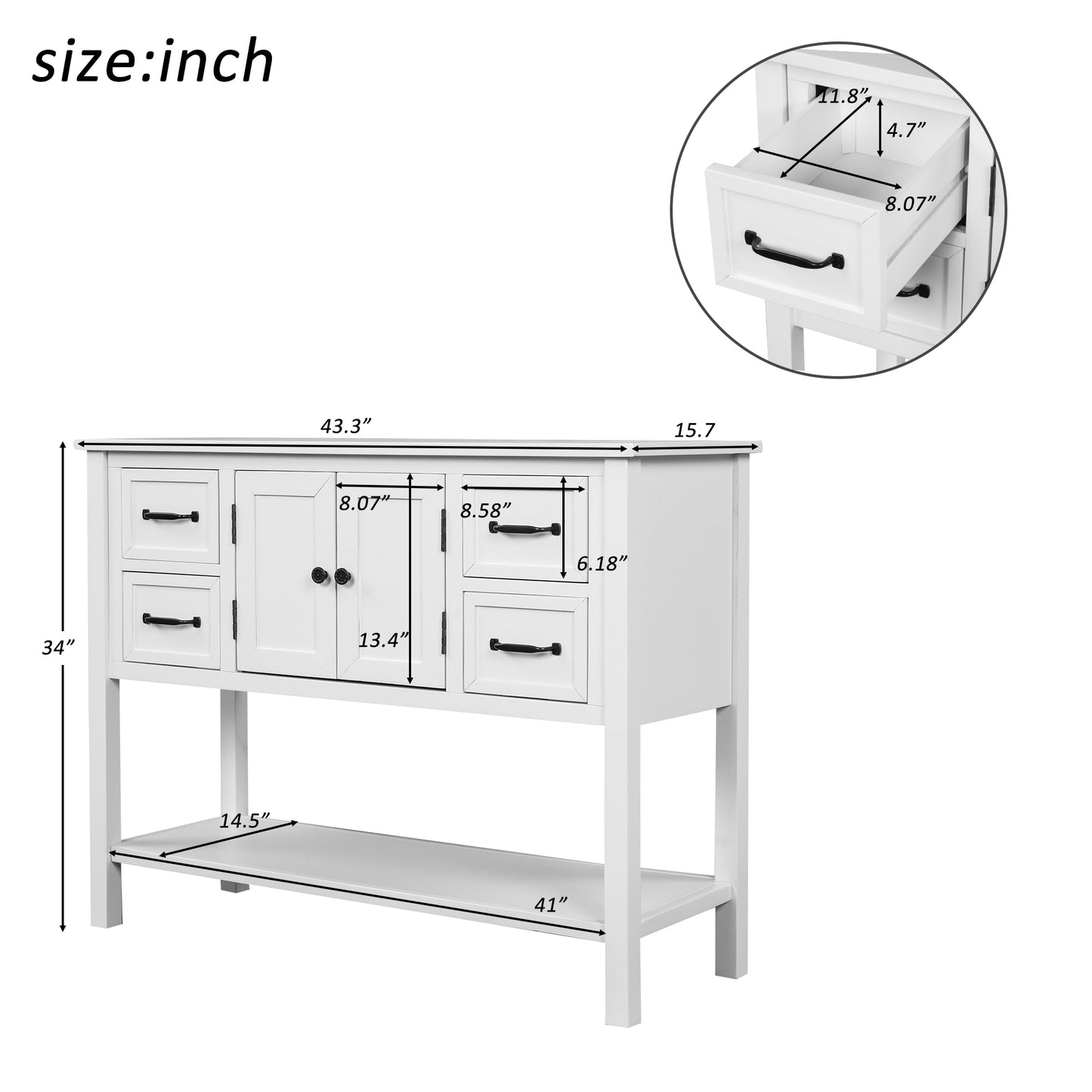 43'' Modern Console Table Sofa Table for Living Room with 4 Drawers, 1 Cabinet and 1 Shelf