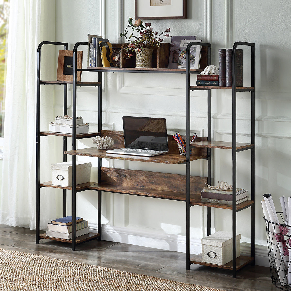 Home Office computer desk with Storage Hutch and double bookcase, Computer Workstation with Storage Bookshelf(Tiger)