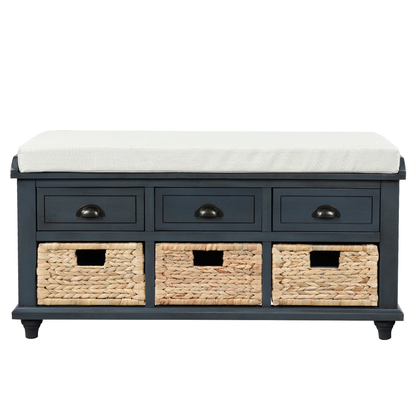 Rustic Storage Bench with 3 Drawers and 3 Rattan Baskets, Shoe Bench for Living Room, Entryway (Antique Navy)