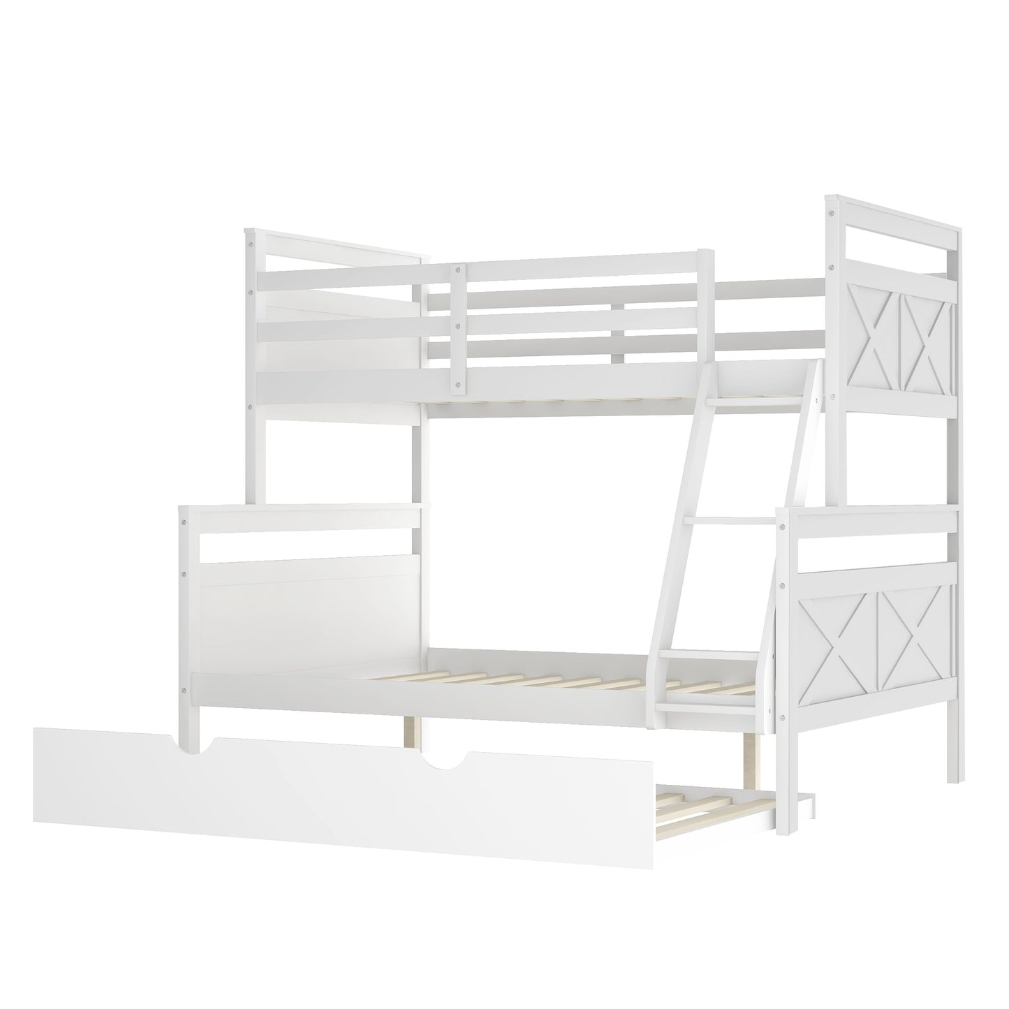 Twin Over Full Bunk Bed with Ladder, Twin Size Trundle, Safety Guardrail, White(New)
