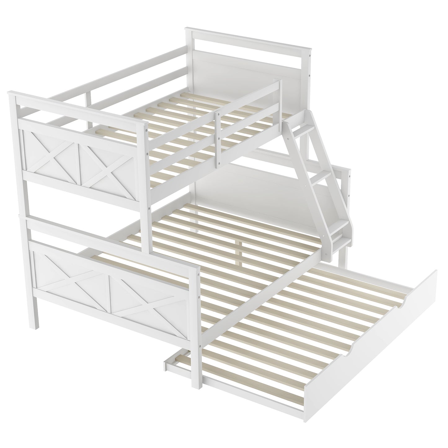Twin Over Full Bunk Bed with Ladder, Twin Size Trundle, Safety Guardrail, White(New)