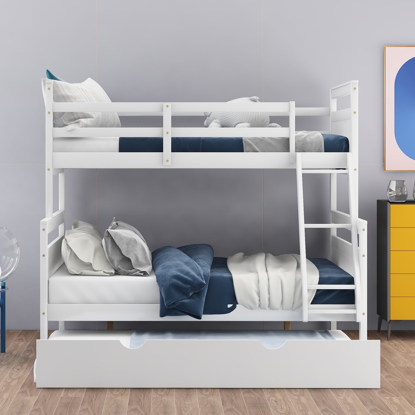 Twin Over Full Bunk Bed with Ladder, Twin Size Trundle, Safety Guardrail, White(New)