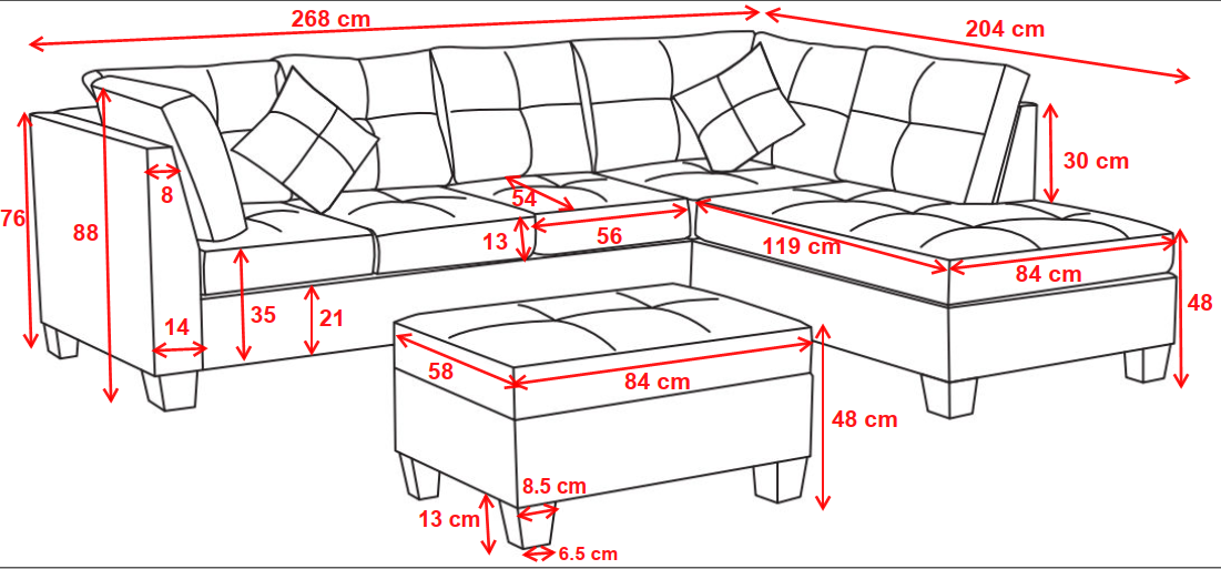 Sectional Sofa Set for Living Room with Right Hand Chaise Lounge and Storage Ottoman (Dark Grey)