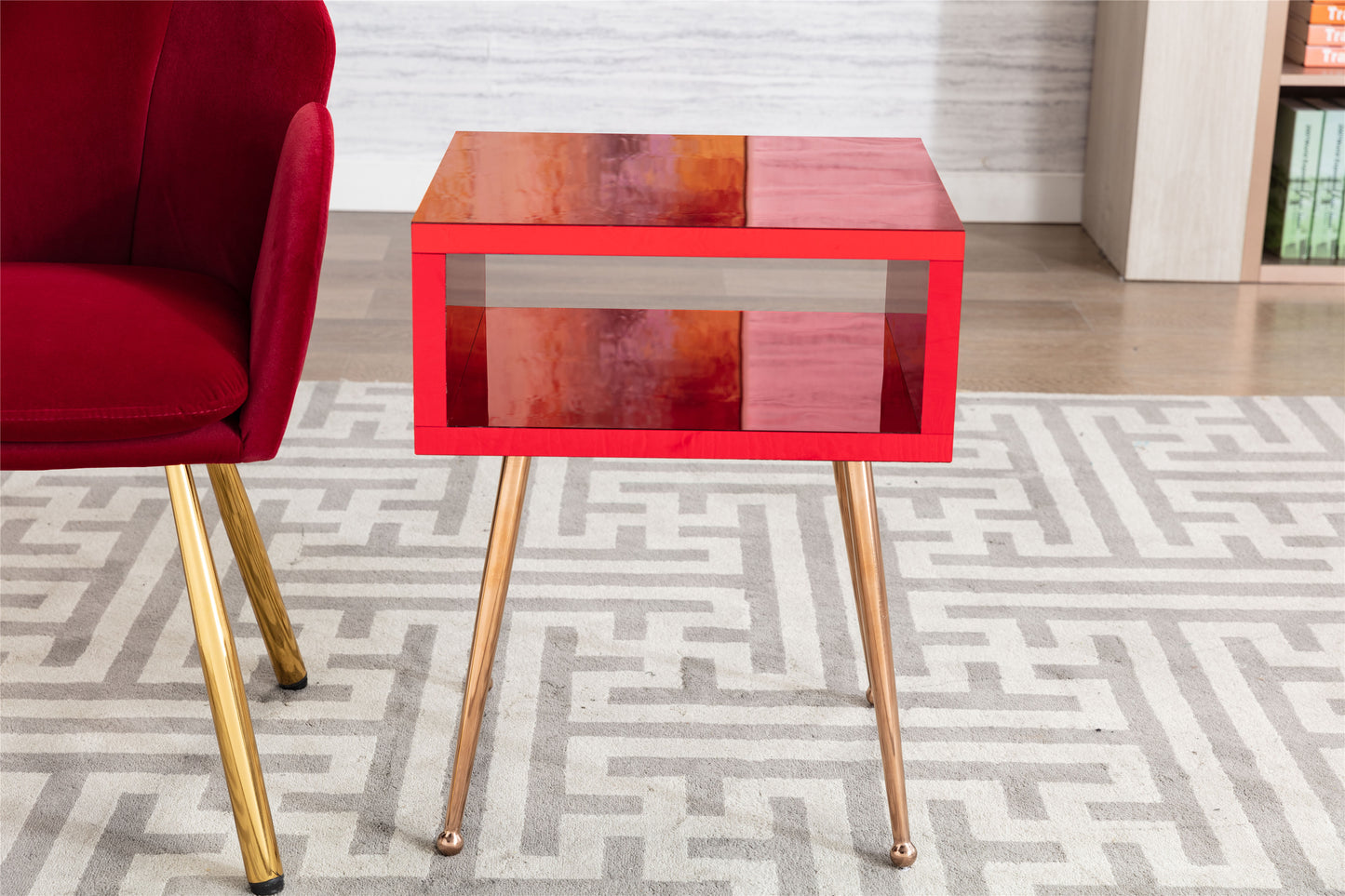 MIRROR END TABLE MIRROR NIGHTSTAND ENDSIDE TABLE (Wire Red)