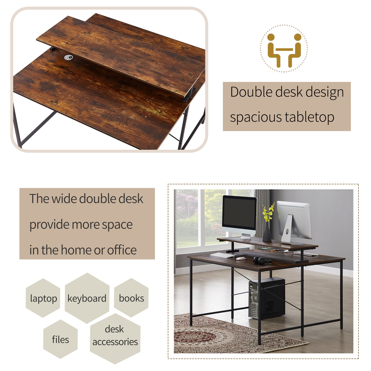 Two Person Computer Desk with Monitor Shelf /Double Workstation 47 x 47 Inch Extra Large Office Desks(Brown)