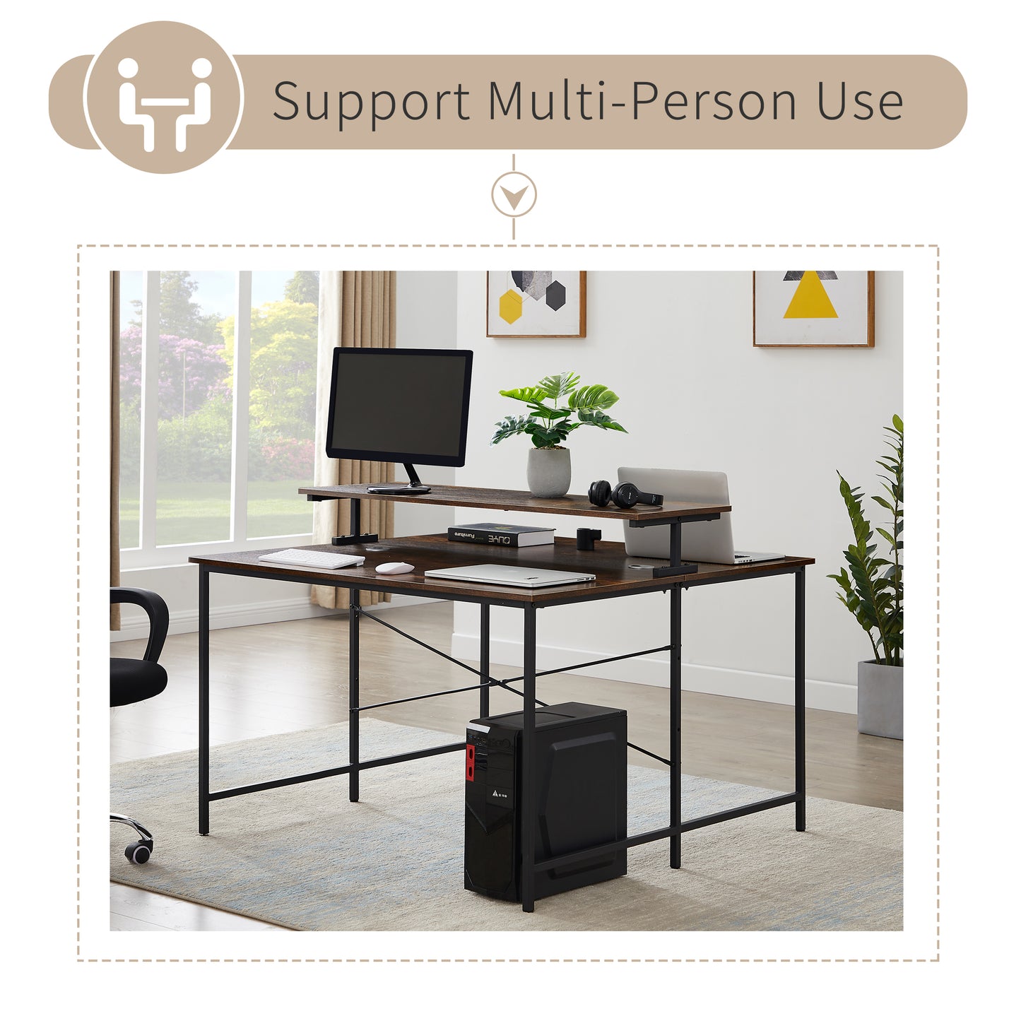 Two Person Computer Desk with Monitor Shelf /Double Workstation 47 x 47 Inch Extra Large Office Desks(Brown)