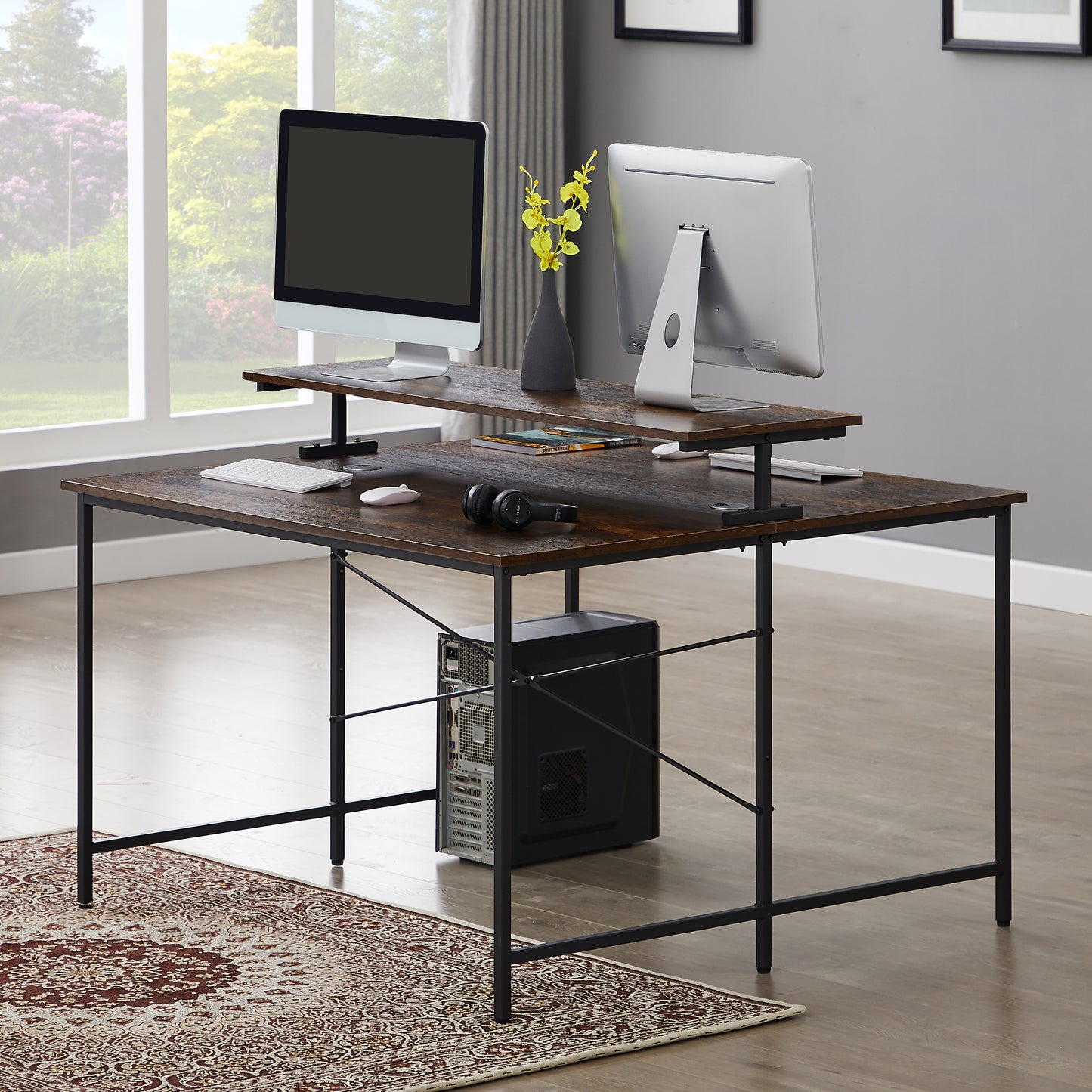Two Person Computer Desk with Monitor Shelf /Double Workstation 47 x 47 Inch Extra Large Office Desks(Brown)