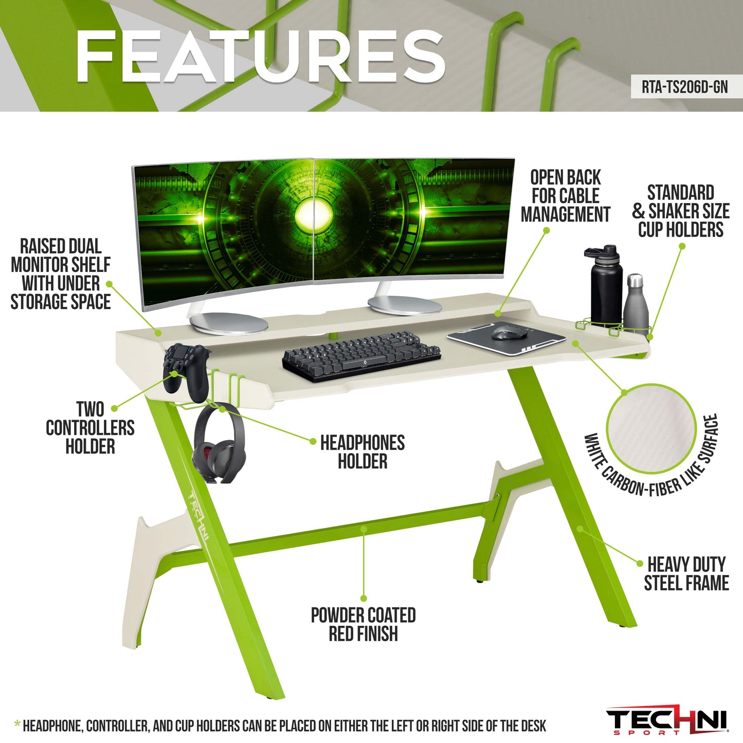 Techni Sport Ergonomic Computer Gaming Desk Workstation with Cupholder Headphone Hook, Green