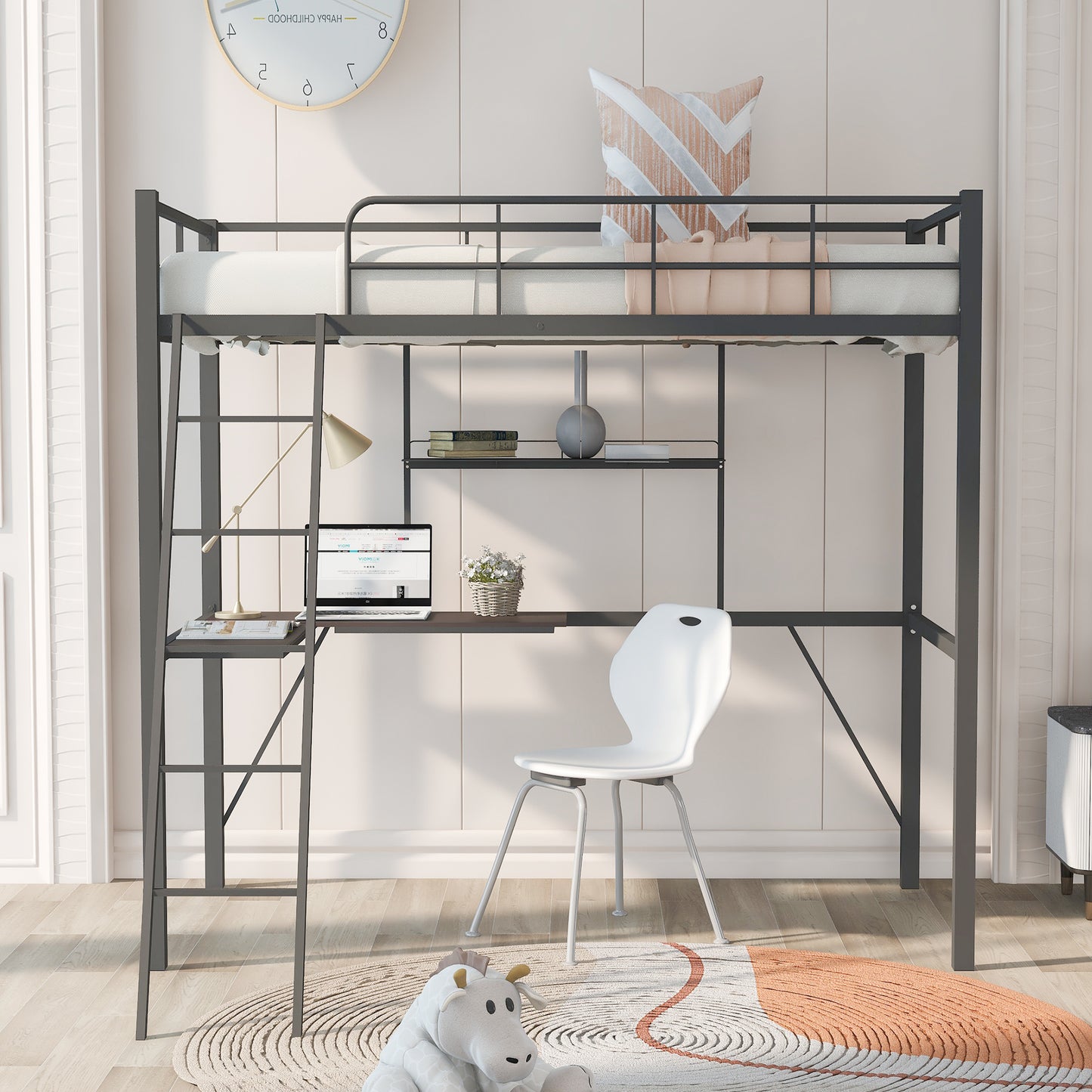 Metal Twin Loft Bed with Desk and Shelf, Twin Size High Loft Bed ( Gray)