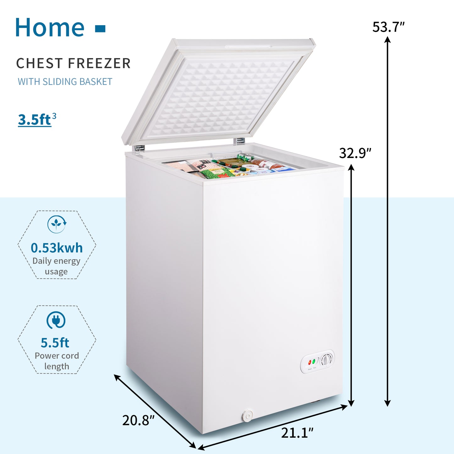 3.5 cu.ft Chest Freezer Removable Storage Basket, Top Open Door Freezing Machine for Home and Kitchen/Dorm/Bar/Office, 7 Temperature Settings