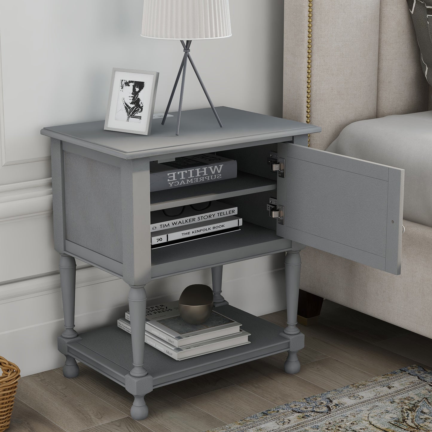 Versatile Nightstand with Two Built-in Shelves Cabinet and an Open Storage, Gray (Expected arrival time 8.20)