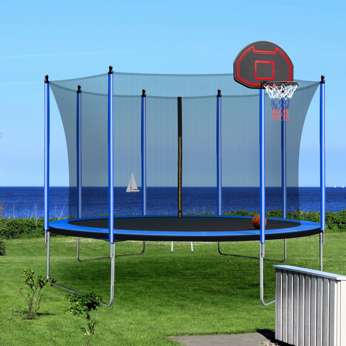 10FT Trampoline with Basketball Hoop Inflator and Ladder(Inner Safety Enclosure) Blue