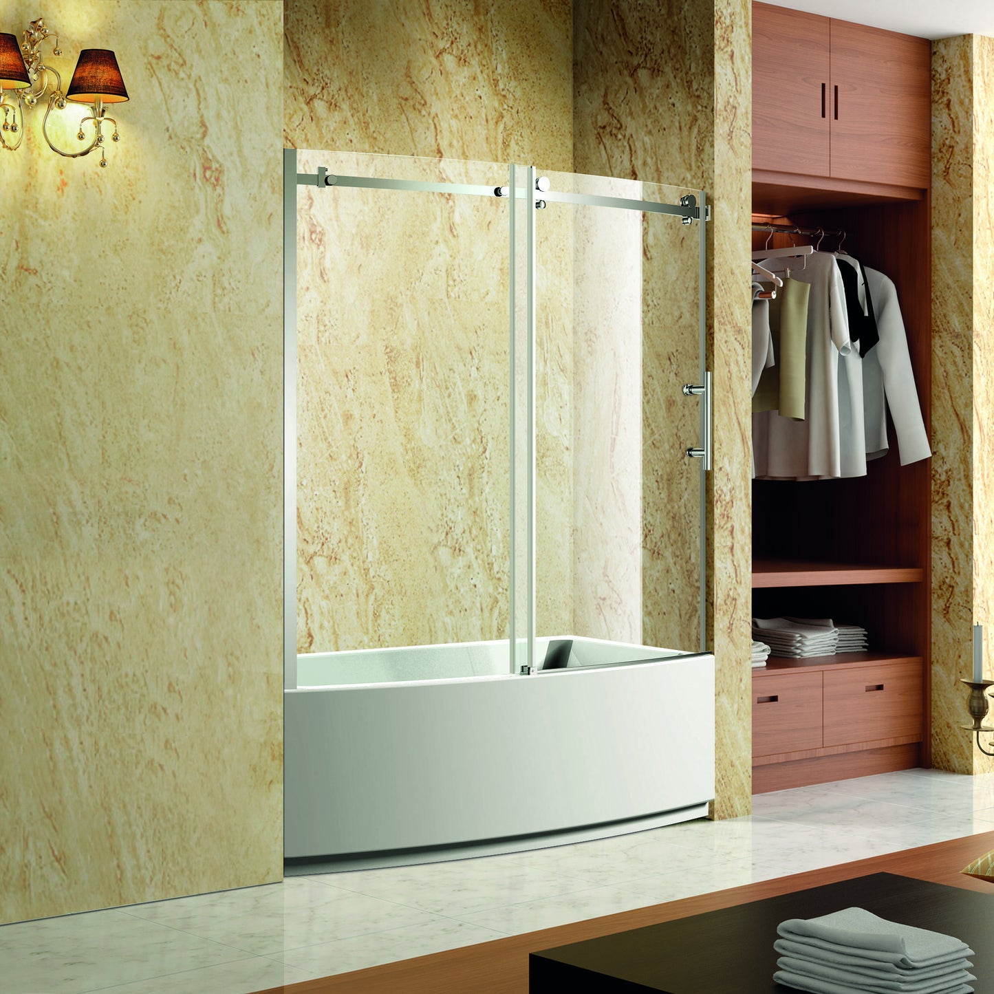TRUSTMADE Frameless Curved Bathtub Shower Doors Width x 58& Height with 1/3&(8mm) Clear Tempered Glass Finish, K07N-1