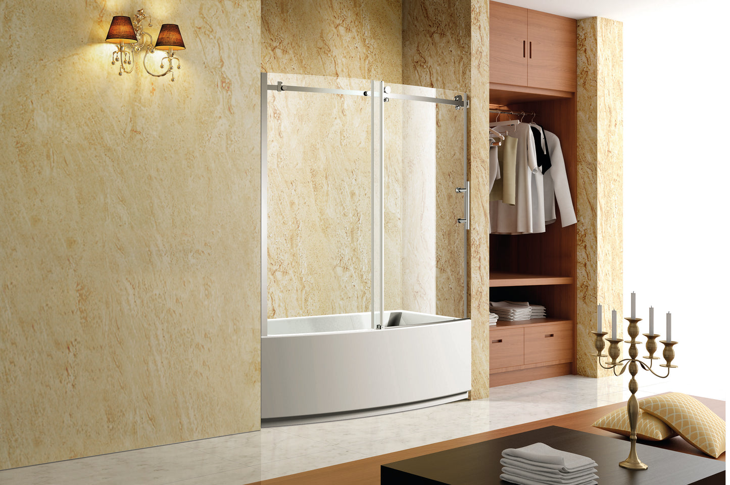 TRUSTMADE Frameless Curved Bathtub Shower Doors Width x 58& Height with 1/3&(8mm) Clear Tempered Glass Finish, K07N-1