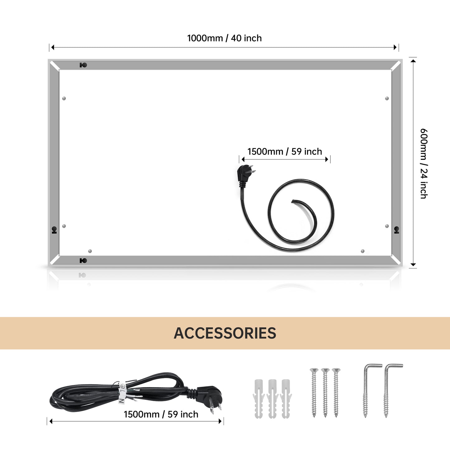 40 *24 LED Lighted Bathroom Wall Mounted Mirror with High Lumen+Anti-Fog Separately Control+Dimmer Function
