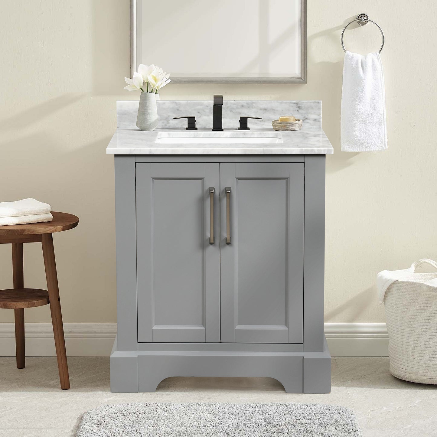30 Single Solid Wood Bathroom Vanity Set, with Drawers, Carrara White Marble Top, 3 Faucet Hole