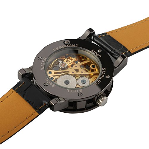 Yoodeet Men's Black Skeleton Dial Hand-Wind Up PU Leather Mechanical Wrist Watch