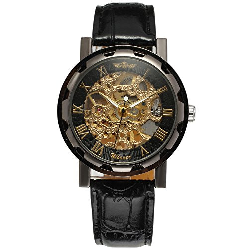 Yoodeet Men's Black Skeleton Dial Hand-Wind Up PU Leather Mechanical Wrist Watch