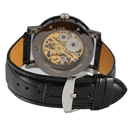 Yoodeet Men's Black Skeleton Dial Hand-Wind Up PU Leather Mechanical Wrist Watch
