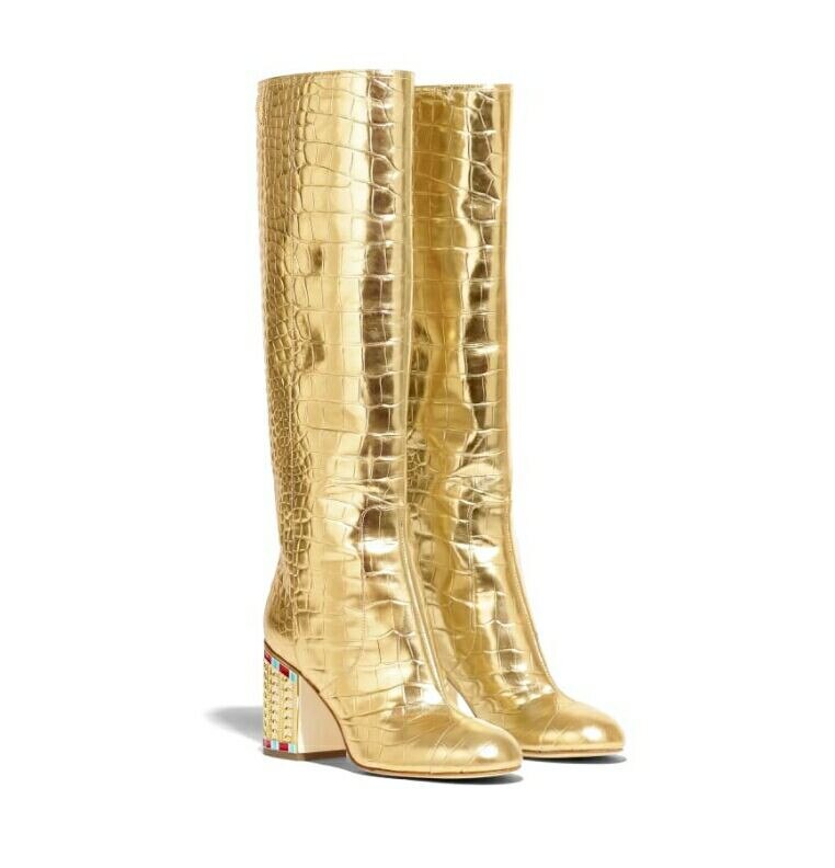 Womens Pointy Toe Crocodile Pattern Golden Bling Rhinstones Knee High Thigh Boots Block Heel Real Leather Shoes