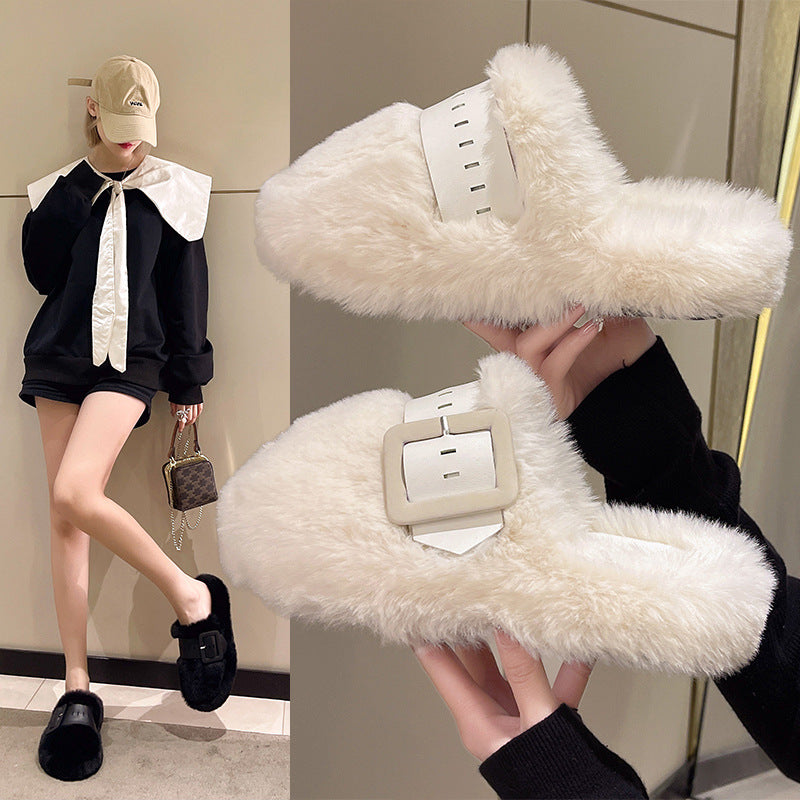 Women's Fashion Simple Thick Bottom Toe Cap Fluffy Slippers