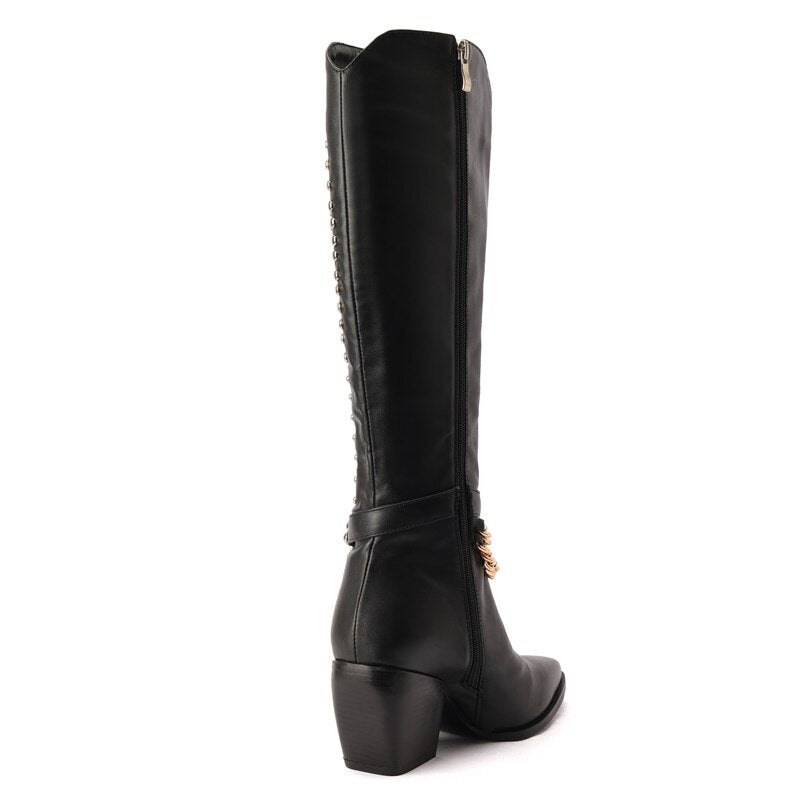 Show Chain Pointy Toe Thick Heel Side Zipper Paris Show Synchronized Boots Metal Rivet Motorcycle Boots