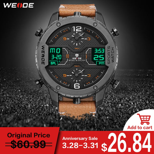 WEIDE men's Sports watch Analog Hands Digital Calendar Quartz Brown Leather Strap Wrist watches