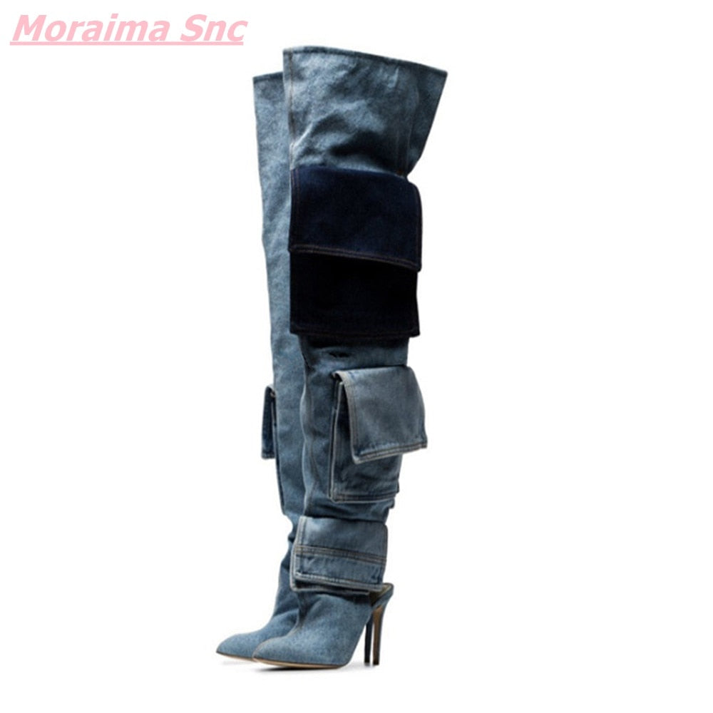 Patchwork Denim Women's Boots Slip-On Pointed Toe Over-the-Knee Fashion Turned-over Edge Cool  Modern Boots