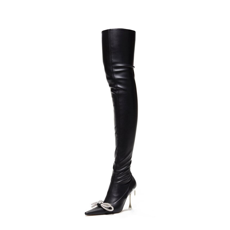 Ladies Rhinestone Knot Pointed Toe Over Knee Boots New Fall Super High Heel and Thigh Boots Side Zipper Sexy Boots