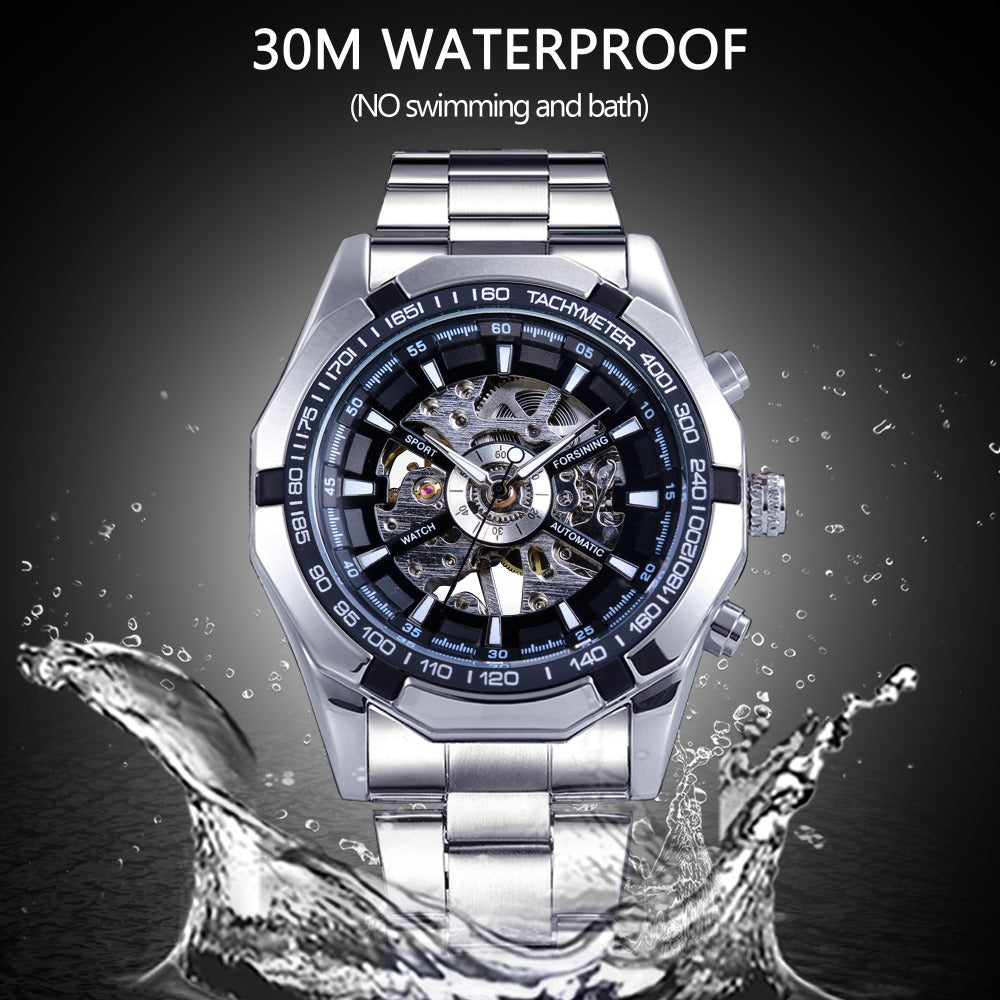 Silver Stainless Steel Waterproof Mens Skeleton Watches Top Brand Luxury Transparent Mechanical Male Wrist Watch