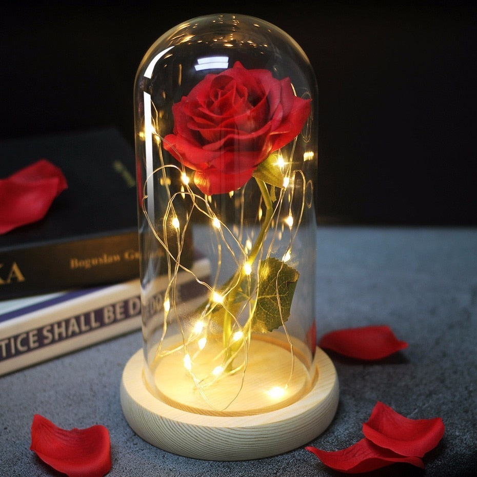 Beauty And Beast Rose In Flask Led Rose Flower Light Black Base Glass Dome Best For Mother's Day Valentines Day Gift