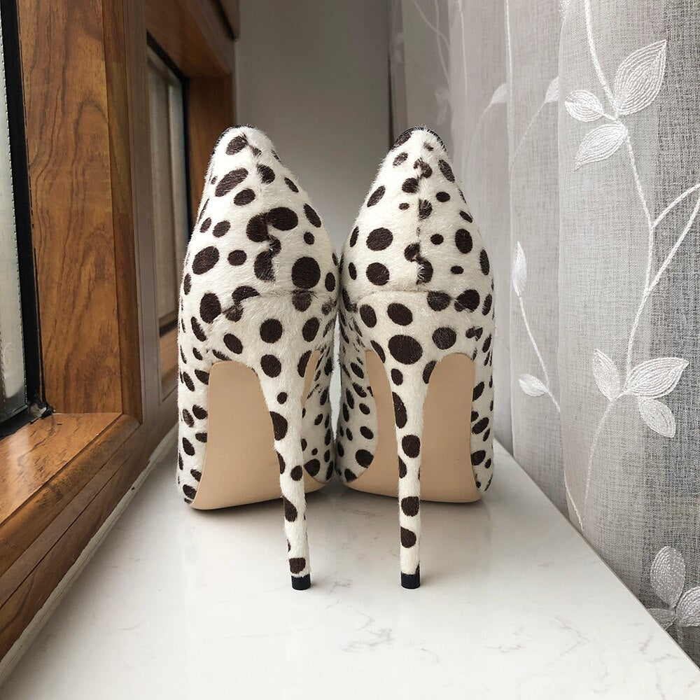 Tikicup Polka Dot Print Women Flock Pointy Toe High Heel Shoes Sexy Spotted Patten Stiletto Pumps White Large Size 43 44 45