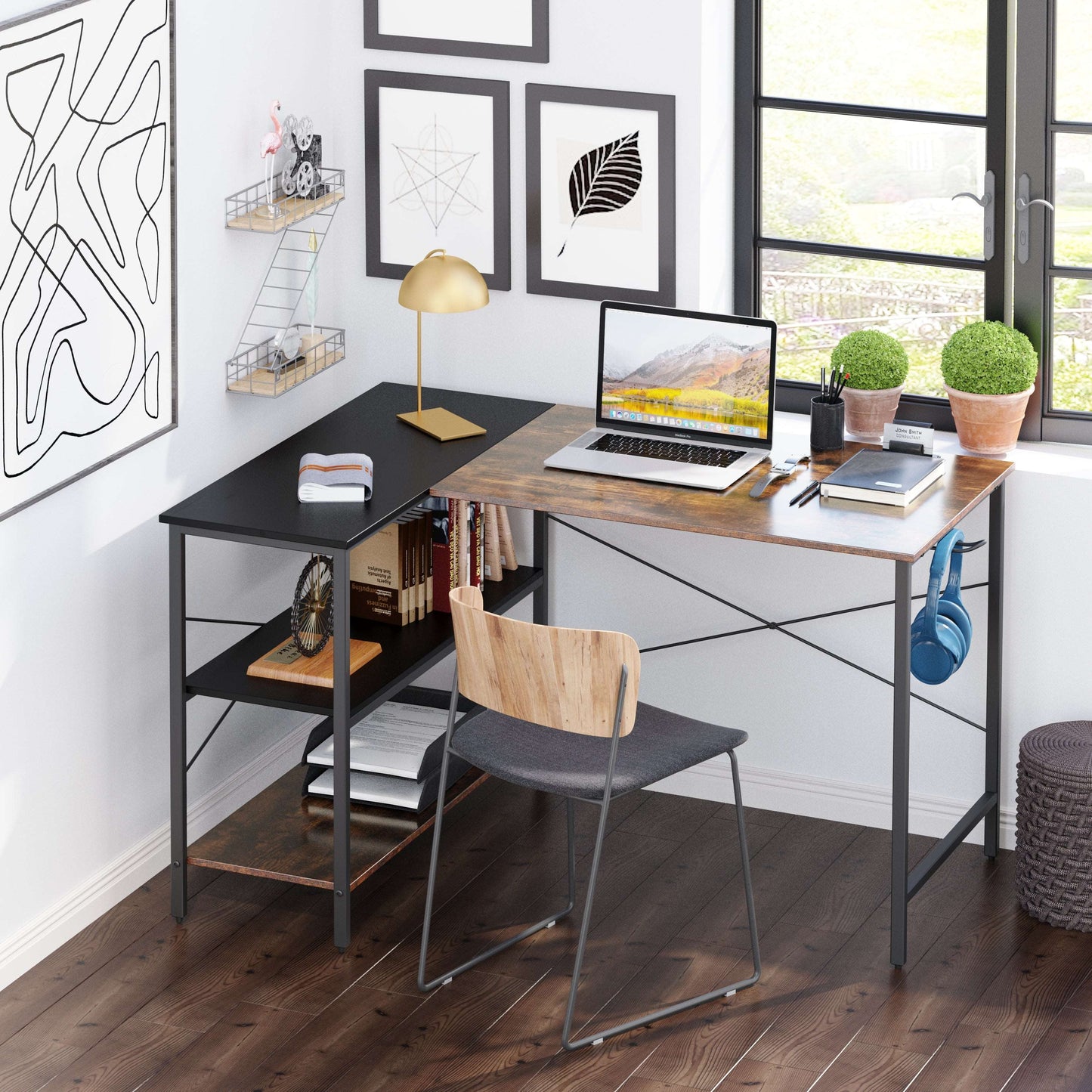 (West Express shipping warehousetwo days to deliver goods)L-shaped black linen + retro double color matching desk