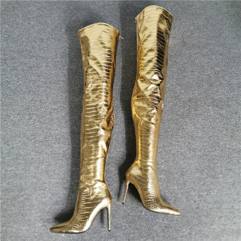 Women's Thigh High Boots Golden Fashion High Heel Demonia Boots Pointed Stiletto Crocodile Print New Sexy Female Shoe