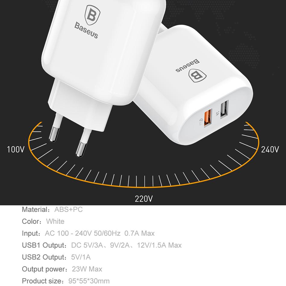 Baseus QC 3.0 Dual USB Charger Adapter EU Plug Travel Wall Quick Charge Charger