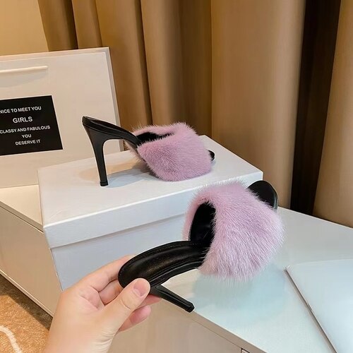 New slim heel open-toe sandals women's mink hair sexy fashion one-half hair high-heeled sandals