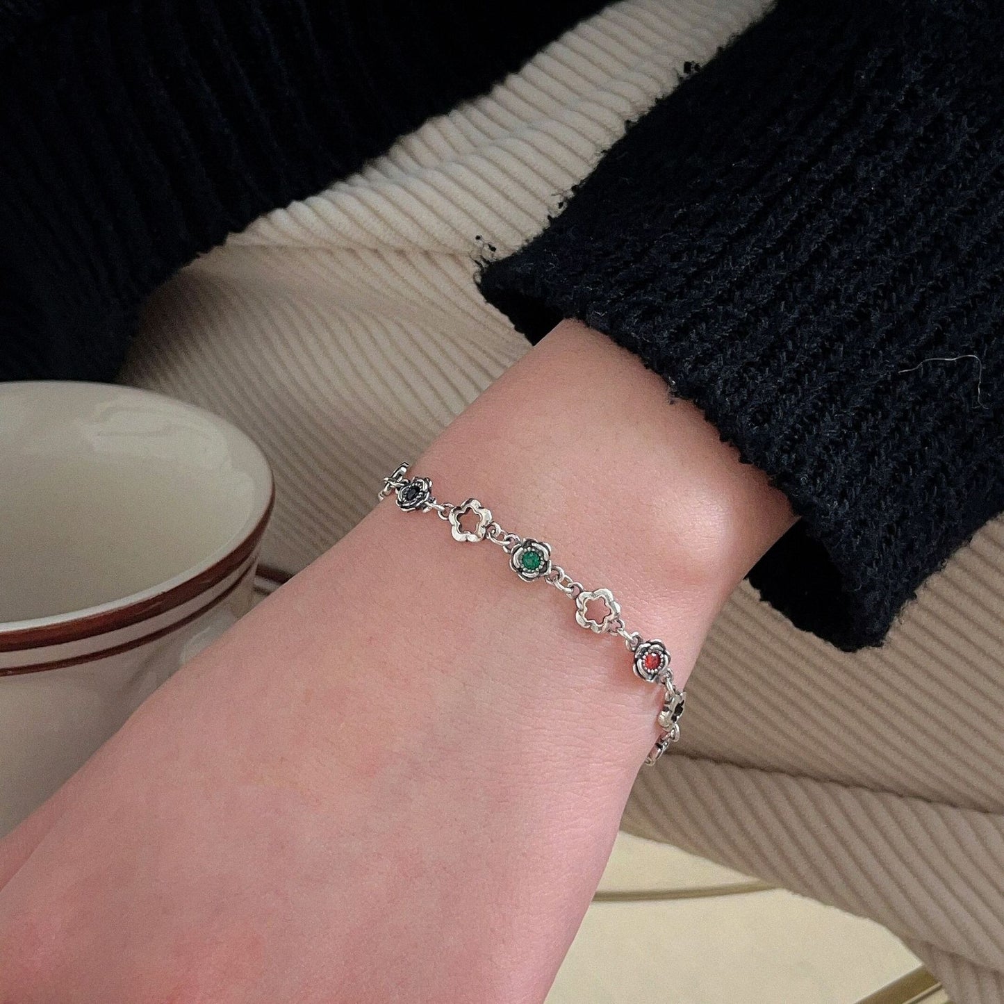 S925 Sterling Silver Color Zirconia Camellia Rose Bracelet Female Light Luxury Niche Design Fresh Sweet Hand Jewelry