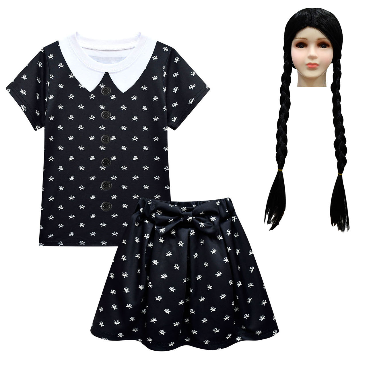 New Childrens Suit Dress Adams Family Girls  Short Sleeved Short Skirt Bag Three  Piece Set