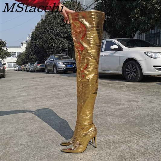 Women's Thigh High Boots Golden Fashion High Heel Demonia Boots Pointed Stiletto Crocodile Print New Sexy Female Shoe