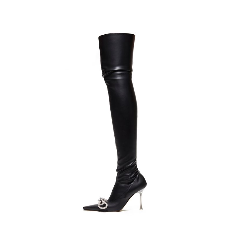 Ladies Rhinestone Knot Pointed Toe Over Knee Boots New Fall Super High Heel and Thigh Boots Side Zipper Sexy Boots