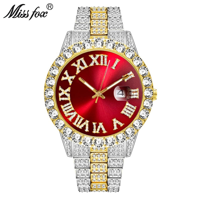 MISSFOX  2643Re Men's Watches Modern Diamond Waterproof Red Watch Men Top Brand Luxury 18k Gold Man Watch Analog Quartz Watch Men