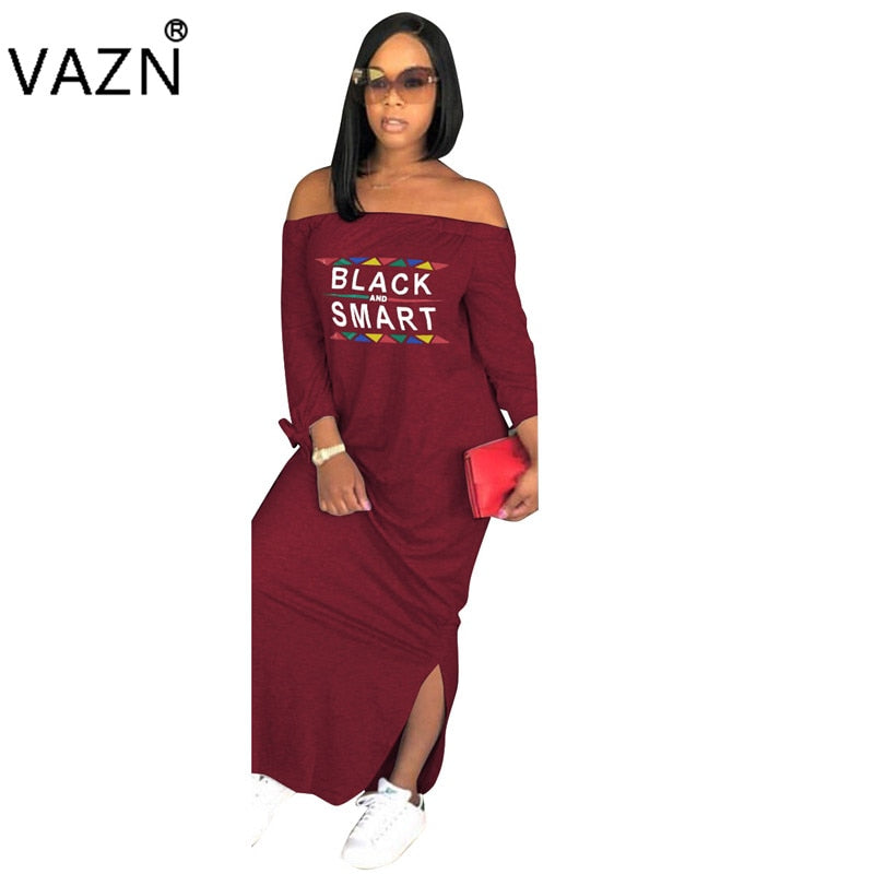 Autumn Special Style Arrive Best Quality Women Maxi Dress Letter Slash Neck Full Sleeve Loose Hollow Out Dress