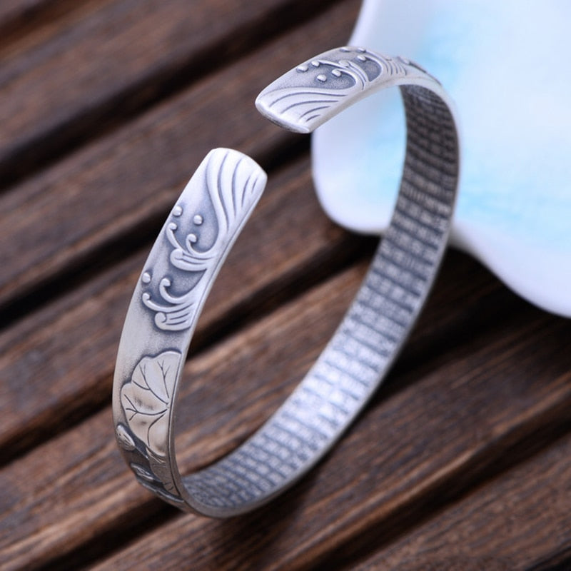 Real Pure 999 Sterling Silver Mantra Cuff Bracelet For Women And Men Carving Lotus Shifting Luck Buddhist Jewelry