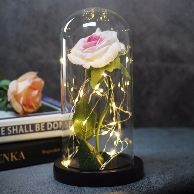 Beauty And Beast Rose In Flask Led Rose Flower Light Black Base Glass Dome Best For Mother's Day Valentines Day Gift