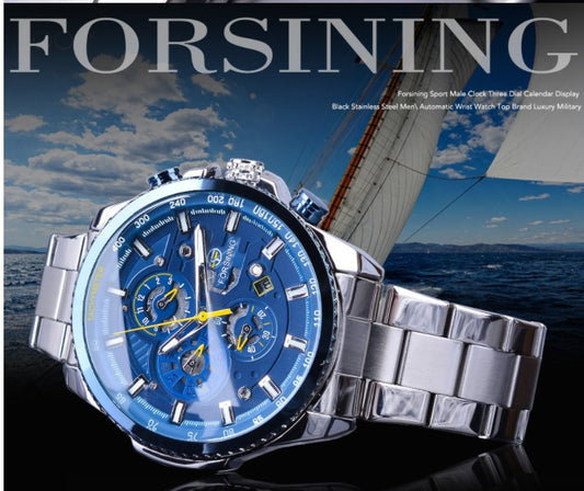 Forsining Three Dial Calendar Stainless Steel Men Mechanical Automatic Wrist Watches Top Brand Luxury Military Sport Male Clock