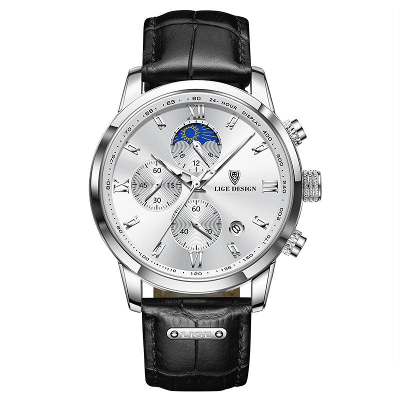 Lige Men's Quartz Watch Multifunction Chronograph Moon Phase Quartz Movement Waterproof Watch