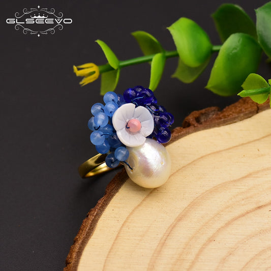 GLSEEVO 925 Sterling Silver Natural Pearl Blue Stone Shell Flower Ring For Women Wedding Gift Handmade Ring Fine Jewelry GR0230B